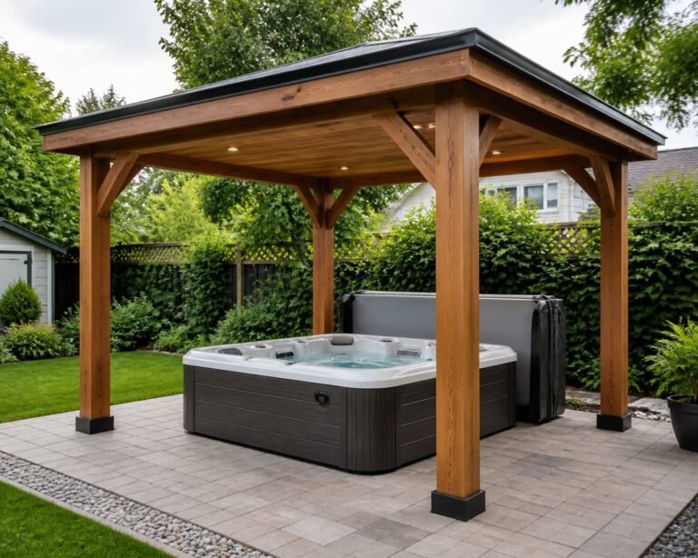 Un spa extérieur installé sous une pergola en bois à toiture inclinée au milieu d'un jardin soigné avec une zone de passage dégagée.