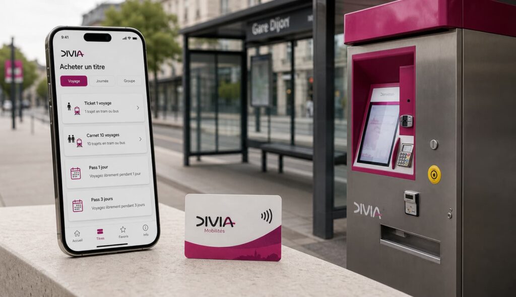 Un smartphone affichant l'interface d'achat de titre Divia à côté d'une borne de vente automatique dans une station de tramway, avec une carte sans contact posée devant.