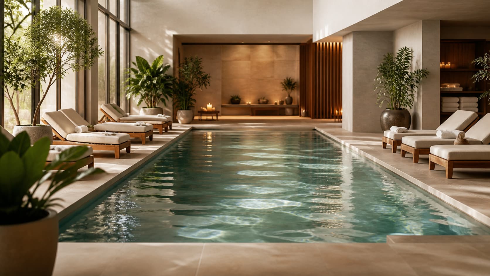 Espace spa paisible avec bassin, chaises longues, plantes vertes et serviettes, sans personne.