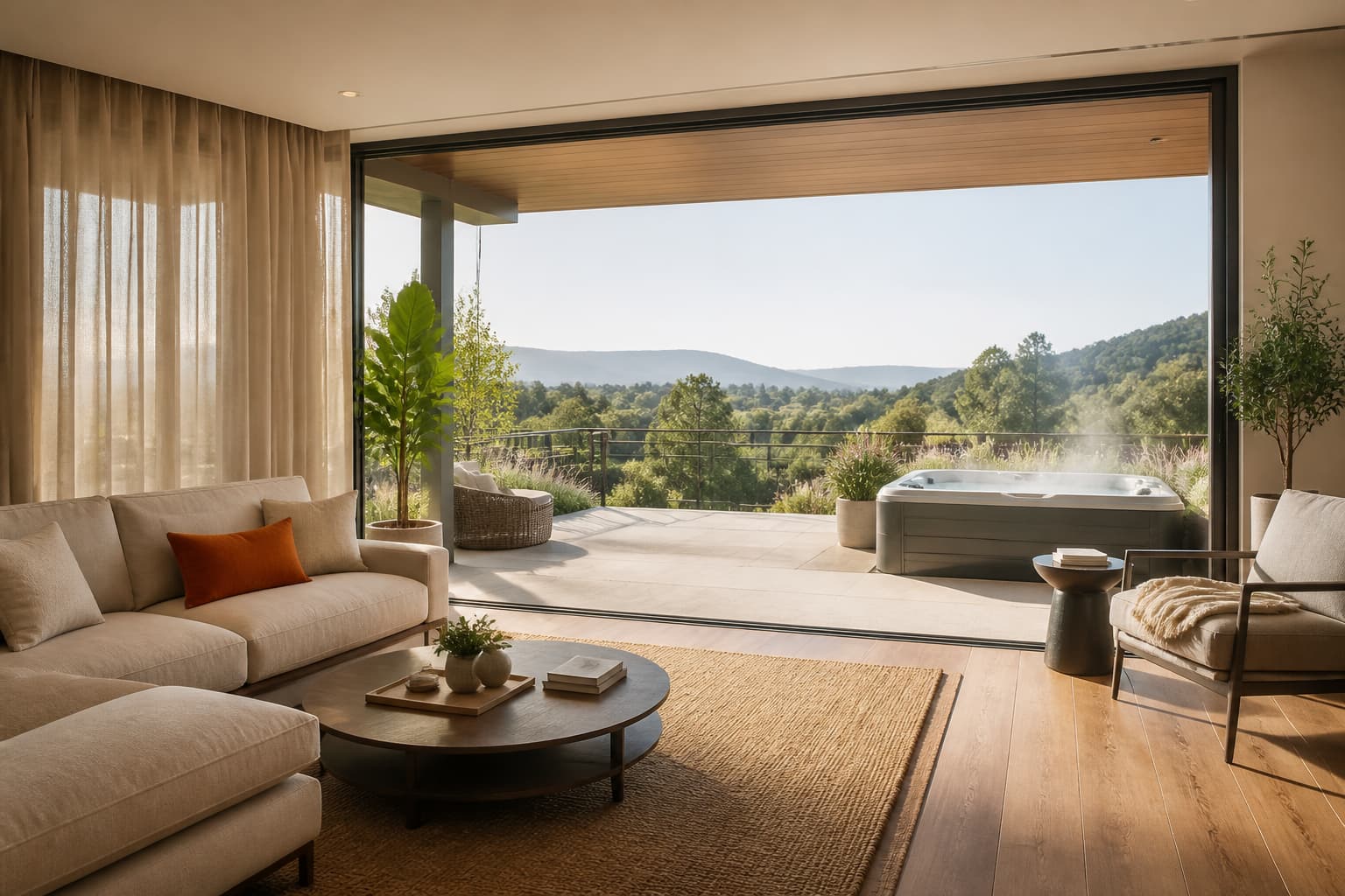 Appartement moderne lumineux ouvrant sur une terrasse avec jacuzzi privé.