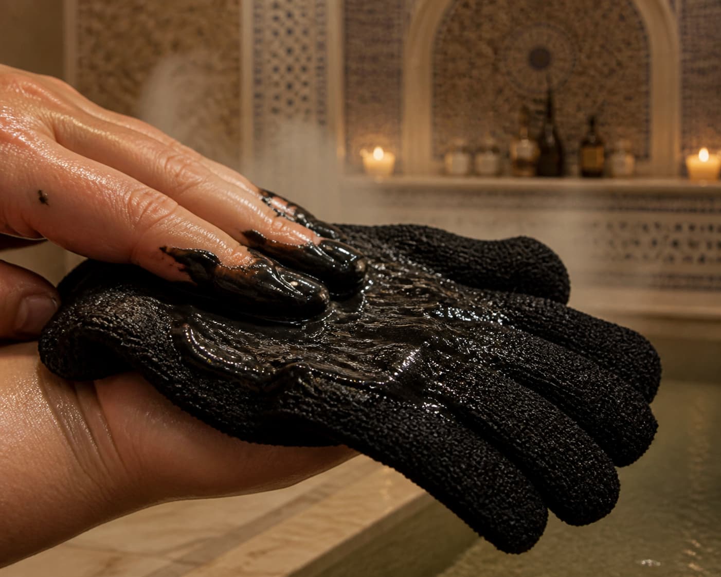 Une main appliquant du savon noir sur un gant de gommage, avec de la vapeur et un carrelage oriental en arrière-plan.
