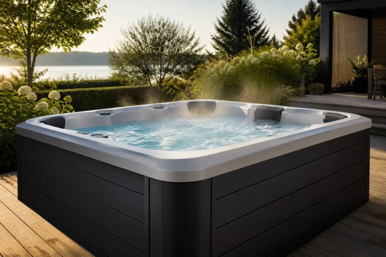 Bain à remous contemporain en fonctionnement sur une terrasse extérieure en bois, avec de l’eau bouillonnante et une fine vapeur.