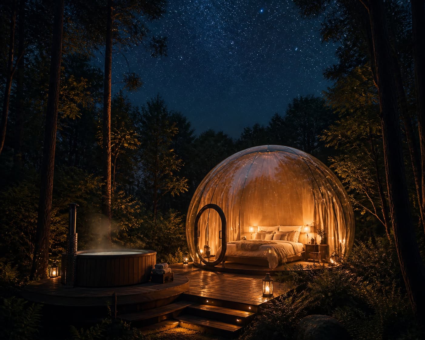 Une bulle transparente dans une clairière forestière la nuit, avec un jacuzzi privé fumant sur une terrasse en bois, sous un ciel étoilé.