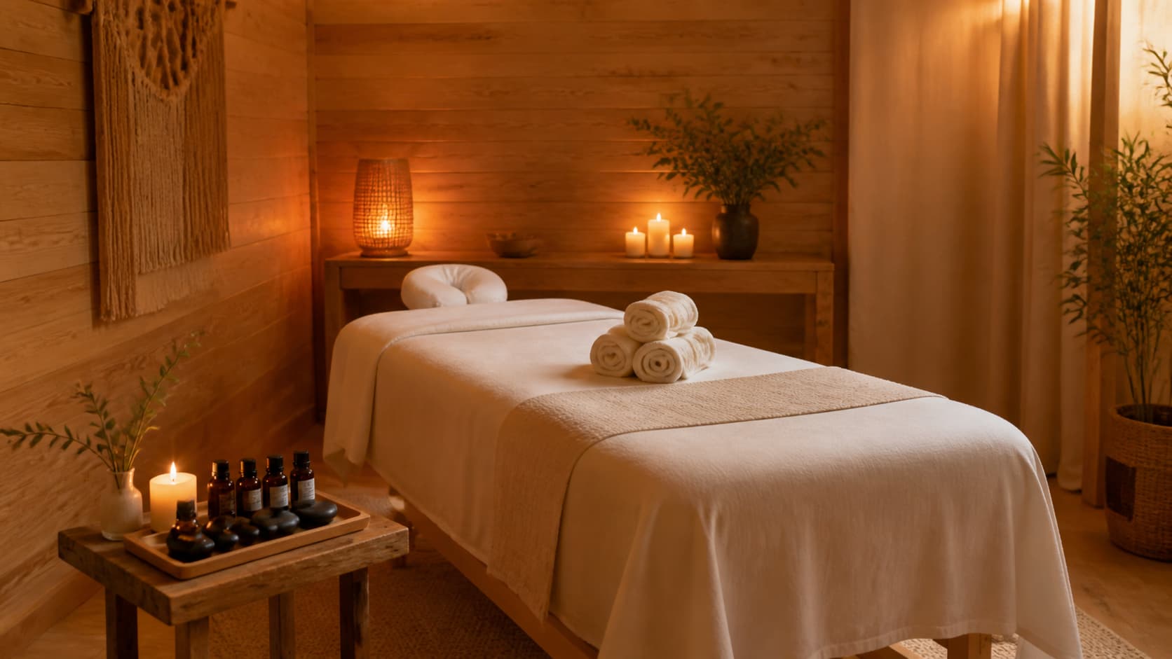 Une cabine de massage sobre avec une table recouverte de linges blancs, un éclairage tamisé et un plateau d