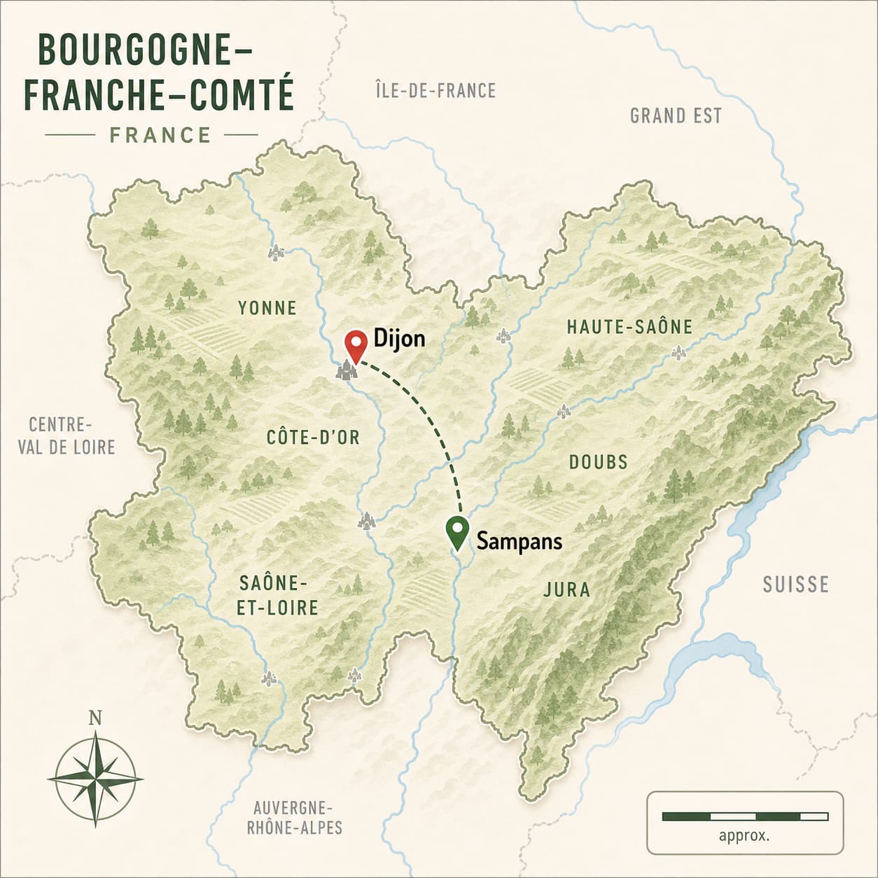 Une carte stylisée de la région Bourgogne-Franche-Comté avec les points marqués Sampans et Dijon, reliés par une ligne pointillée et une échelle approximative.