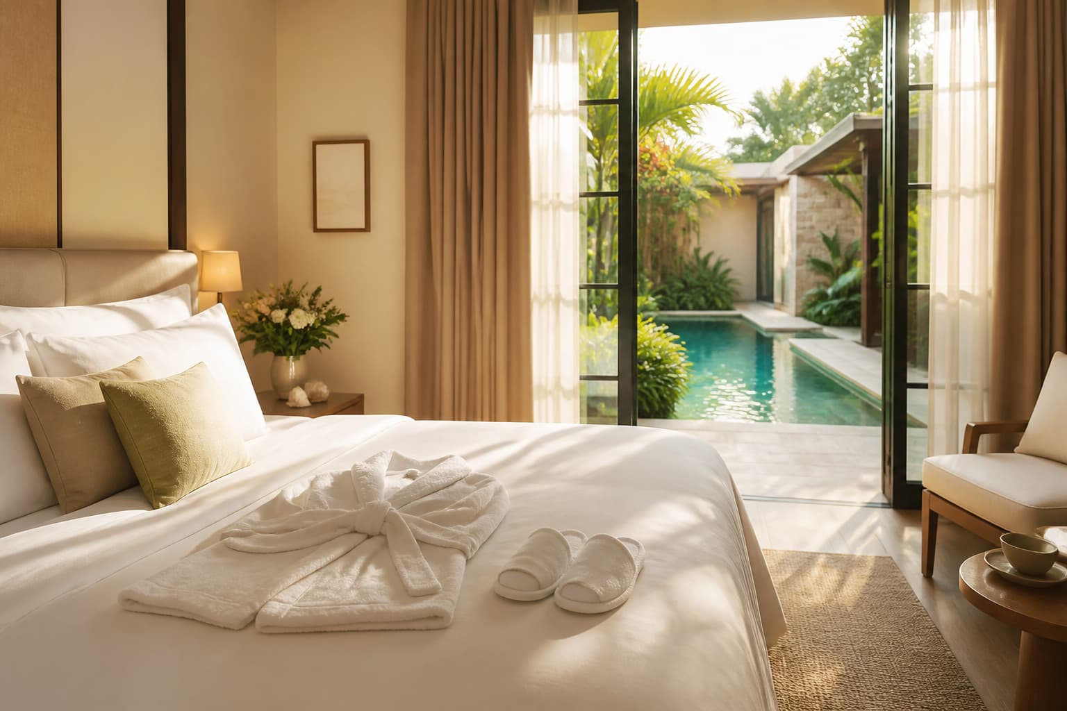 Chambre d’hôtel élégante avec un lit confortable, un peignoir et des chaussons disposés sur le lit, et une vue sur un spa à travers une baie vitrée.