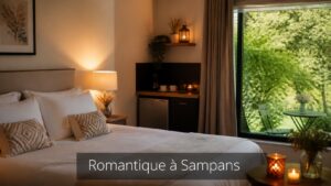 Chambre confortable avec un coin kitchenette, fenêtre donnant sur un jardin verdoyant, lumière tamisée créant une ambiance romantique, et le texte 'Romantique à Sampans' intégré en bas de l'image.