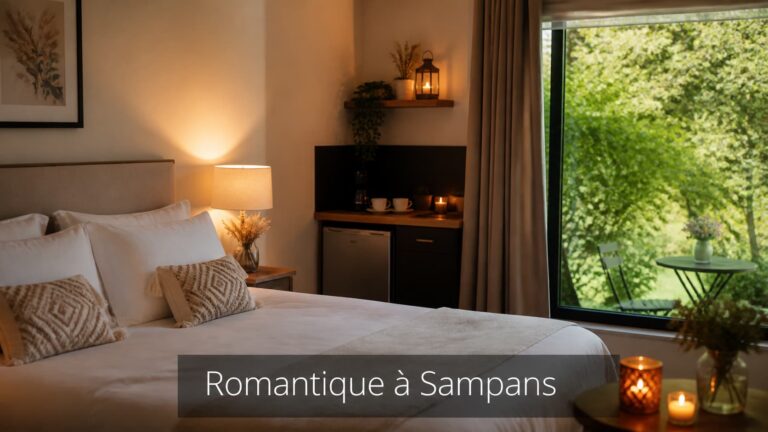 Chambre confortable avec un coin kitchenette, fenêtre donnant sur un jardin verdoyant, lumière tamisée créant une ambiance romantique, et le texte 'Romantique à Sampans' intégré en bas de l'image.