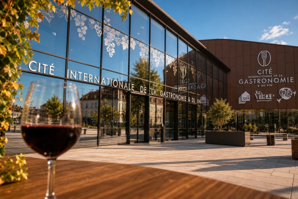 Façade contemporaine de la Cité internationale de la gastronomie et du vin de Dijon avec un verre de vin au premier plan.