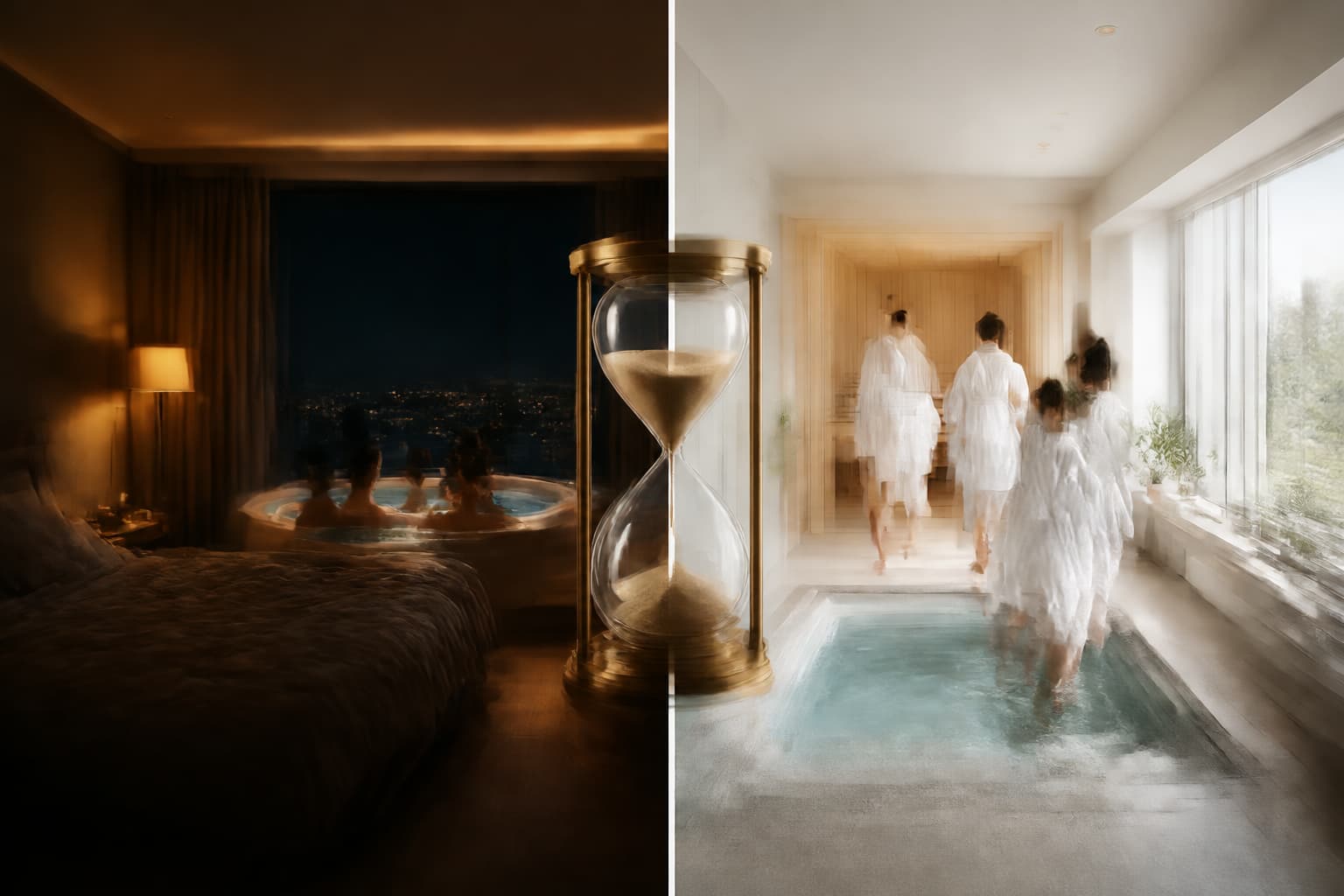 Composition en deux parties : à gauche, une chambre avec lit et jacuzzi privatif dans une ambiance nocturne chaude ; à droite, un espace spa contemporain lumineux avec jacuzzi et sauna ; au centre, un sablier.