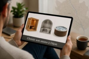 Une personne devant un écran affichant des icônes de sauna, hammam et jacuzzi, avec le texte 'Choisir son sauna à Dijon' et une carte de Dijon en arrière-plan discret.