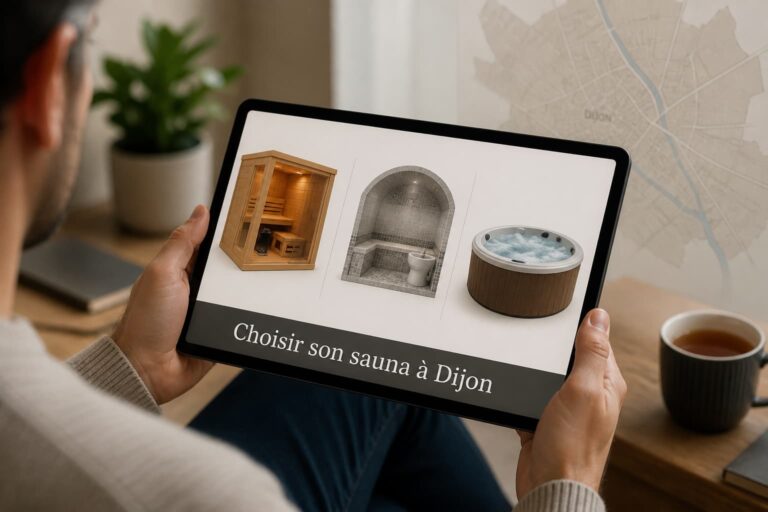 Une personne devant un écran affichant des icônes de sauna, hammam et jacuzzi, avec le texte 'Choisir son sauna à Dijon' et une carte de Dijon en arrière-plan discret.