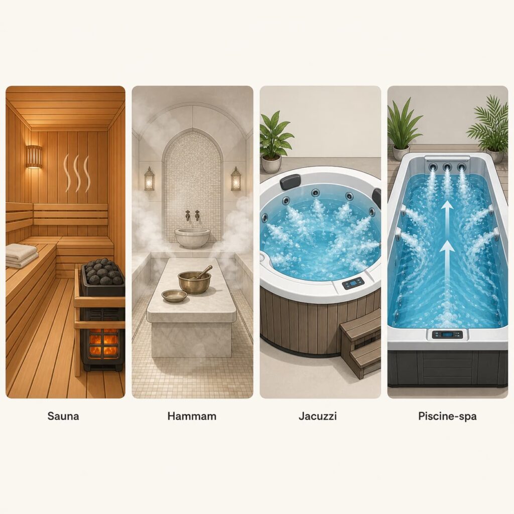 Quatre illustrations côte à côte d'un sauna en bois, d'un hammam avec vapeur, d'un jacuzzi à bulles et d'une piscine-spa, accompagnées de leurs noms en légende.