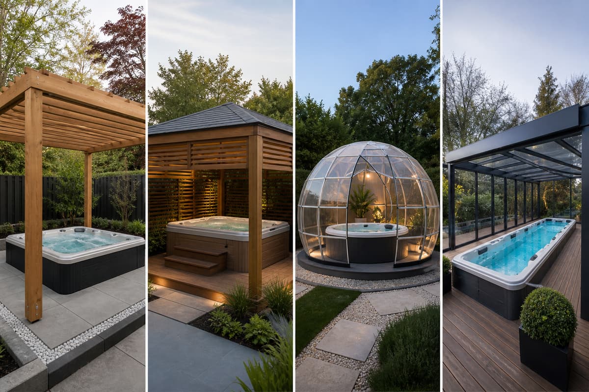 Quatre types d'abris pour spa extérieur présentés côte à côte, incluant une pergola ouverte, un abri fermé en bois avec ventilation, un dôme léger et une structure allongée pour spa de nage.