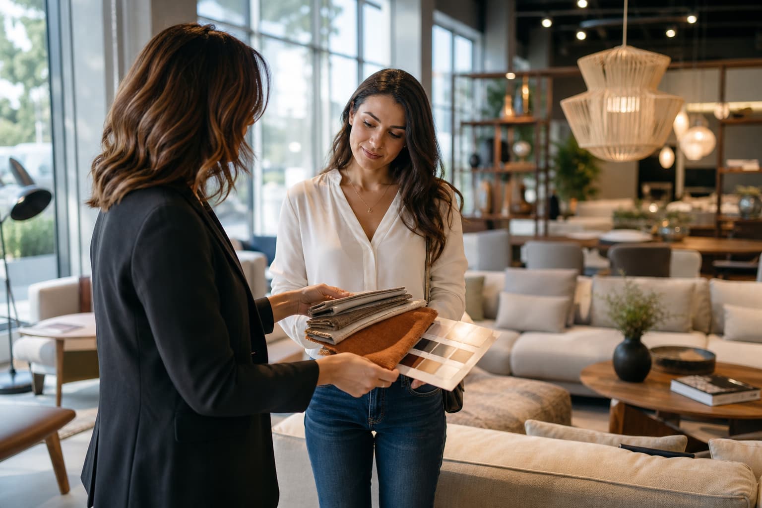 Un conseiller et un client discutent autour d’échantillons de tissus dans une galerie de mobilier contemporain.