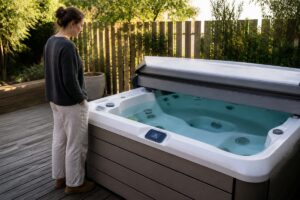 Une personne observe le niveau d'eau d'un spa extérieur dont le panneau de commande affiche un symbole d'alerte lumineux.