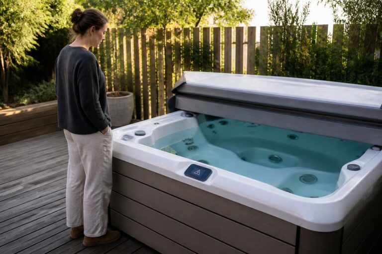 Une personne observe le niveau d'eau d'un spa extérieur dont le panneau de commande affiche un symbole d'alerte lumineux.