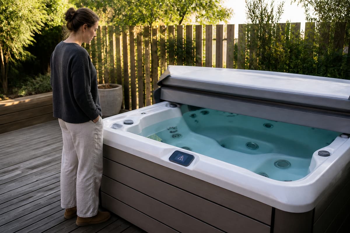 Une personne observe le niveau d'eau d'un spa extérieur dont le panneau de commande affiche un symbole d'alerte lumineux.