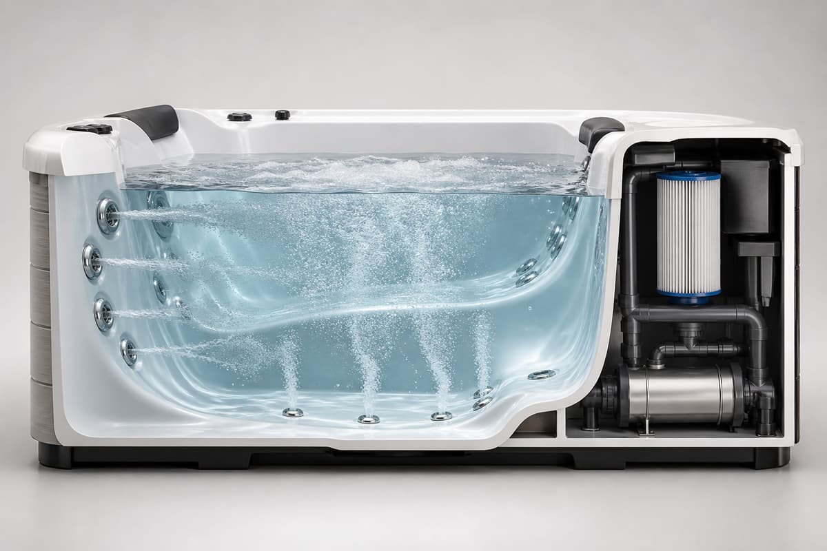 Vue en coupe d'un spa montrant l'eau en mouvement générée par des jets latéraux et des bulles d'air avec son compartiment de filtration.