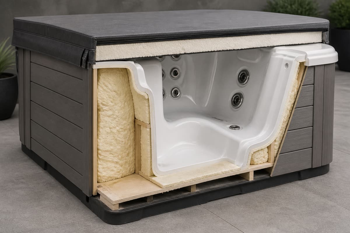 Vue en coupe d'un spa rigide extérieur montrant les couches d'isolation sous la cuve et les panneaux