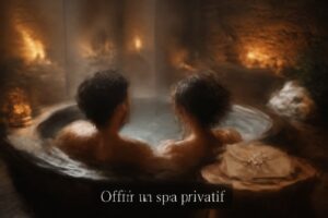 Un couple se relaxant dans un jacuzzi privatif, dos à la caméra, avec une enveloppe cadeau à proximité. Un texte superposé indique « Offrir un spa privatif ».