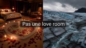 Une chambre romantique avec jacuzzi et pétales de roses à gauche, un glacier en train de fondre sous un ciel menaçant à droite, avec le texte « Pas une love room » superposé.