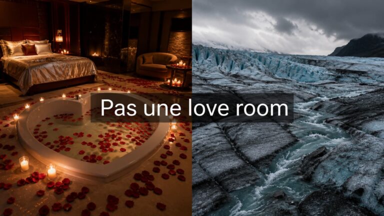 Une chambre romantique avec jacuzzi et pétales de roses à gauche, un glacier en train de fondre sous un ciel menaçant à droite, avec le texte « Pas une love room » superposé.