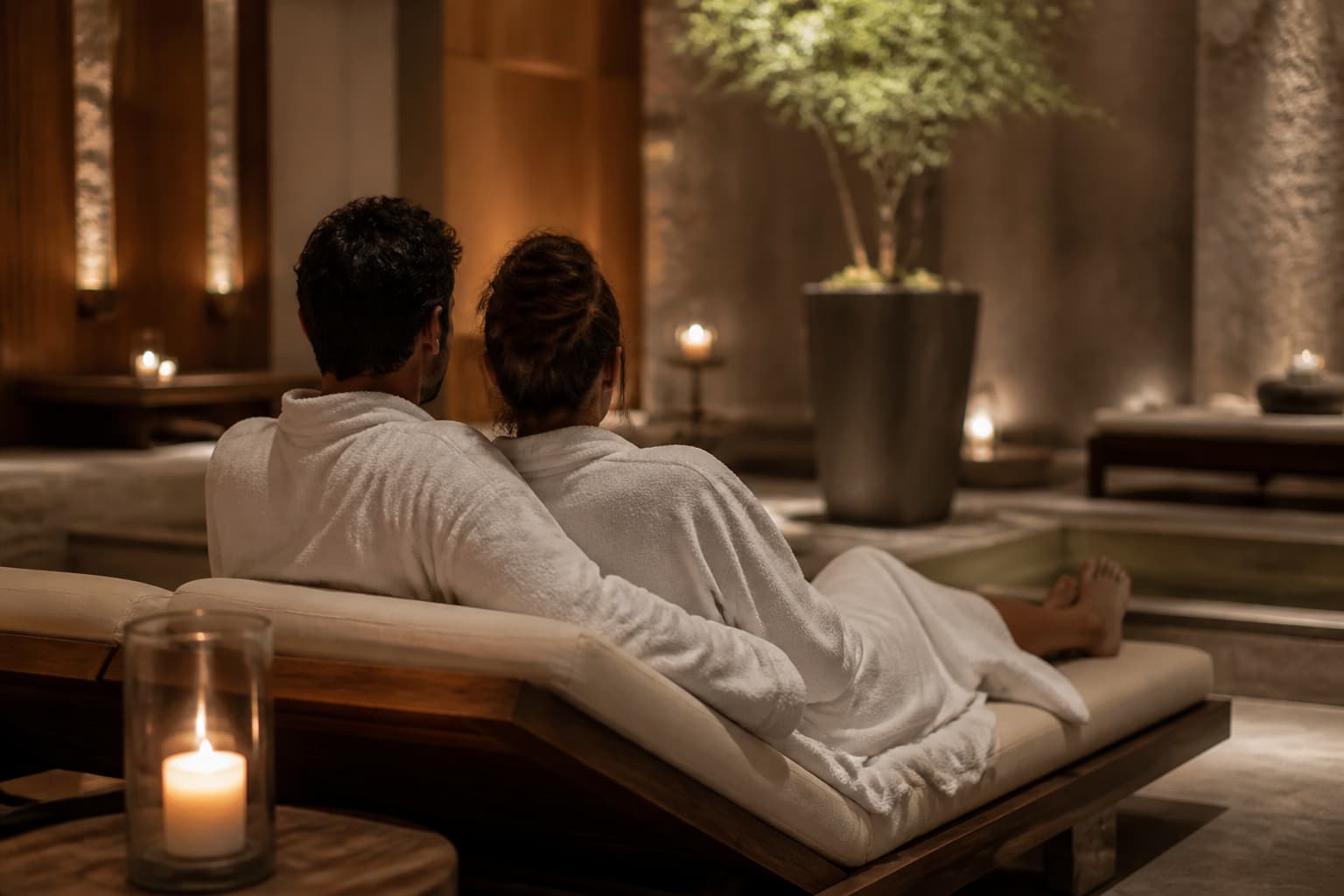 Un couple relaxé assis côte à côte dans un espace de repos de spa, vêtus de peignoirs, sous un éclairage tamisé.