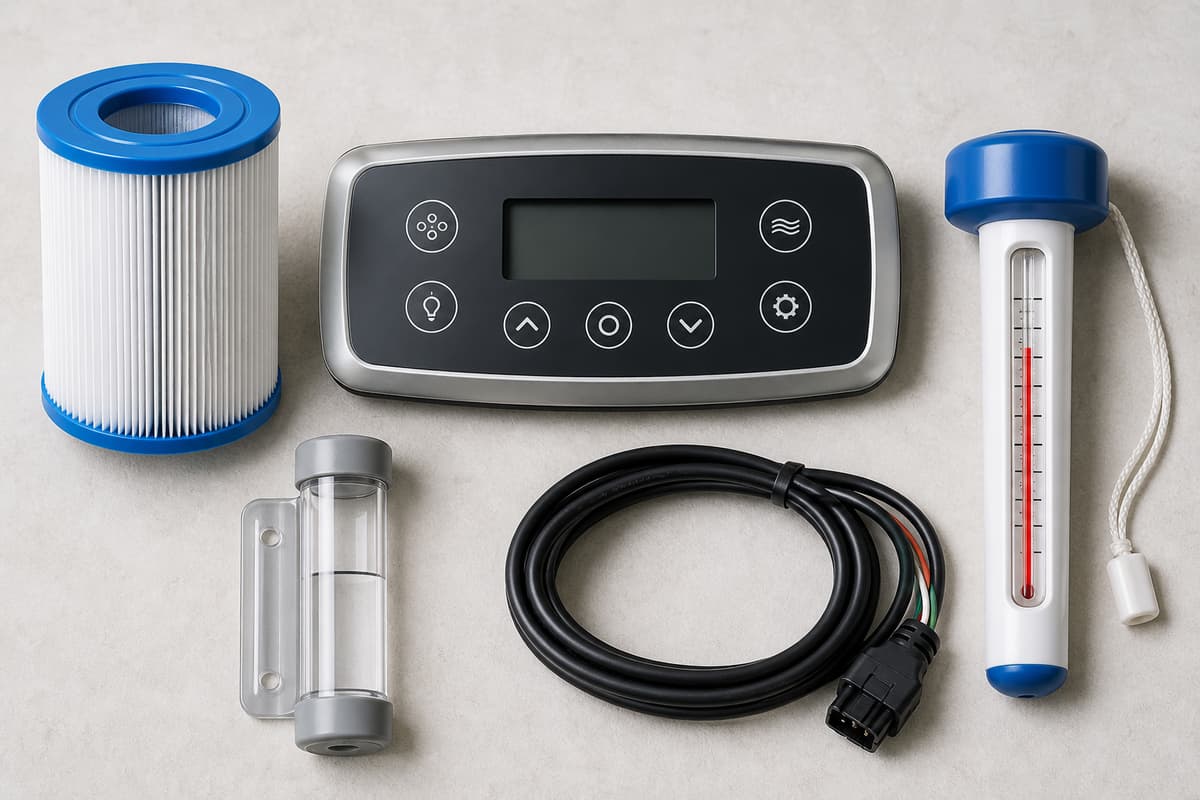 Panneau de commande central de spa entouré d'une cartouche de filtration, d'un thermomètre de bassin et d'un câble de connexion externe.