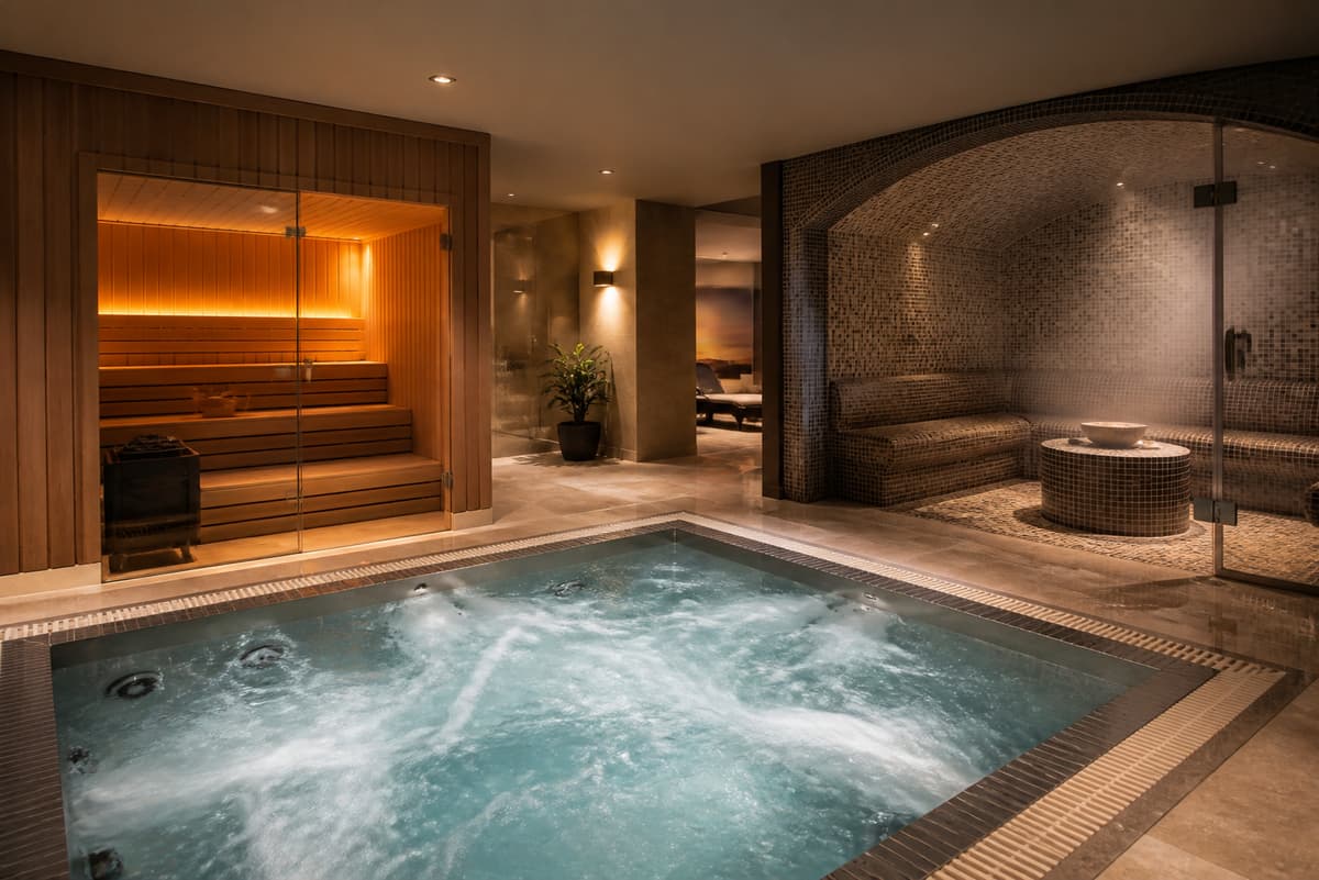 Espace bien-être intérieur présentant au premier plan un bain à remous en fonctionnement, avec une cabine de sauna en bois et un hammam carrelé en arrière-plan.