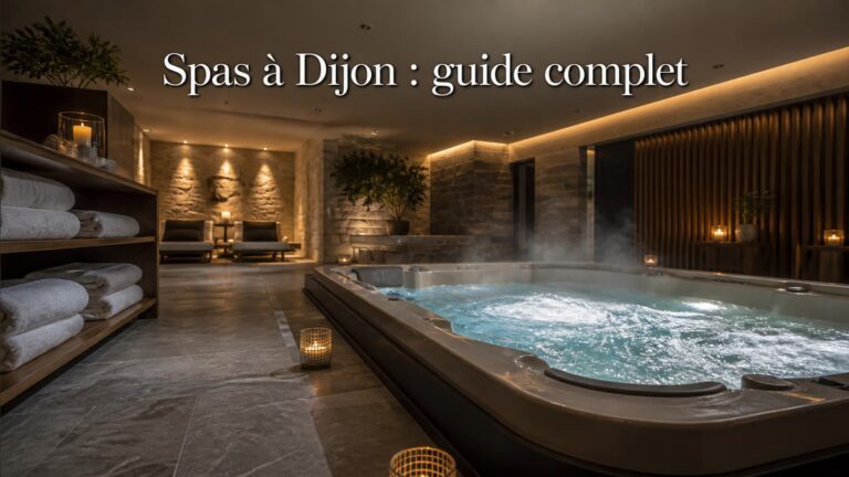 Un jacuzzi moderne dans un espace spa à l'éclairage tamisé, avec des serviettes propres pliées sur un banc à côté, et le texte 'Spas à Dijon : guide complet' superposé.