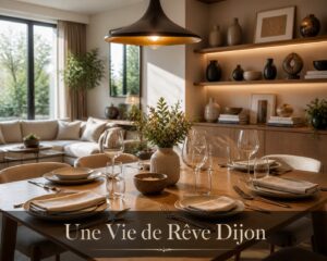 Intérieur design avec une table dressée, un luminaire suspendu, un canapé moderne et des étagères décorées d'objets.