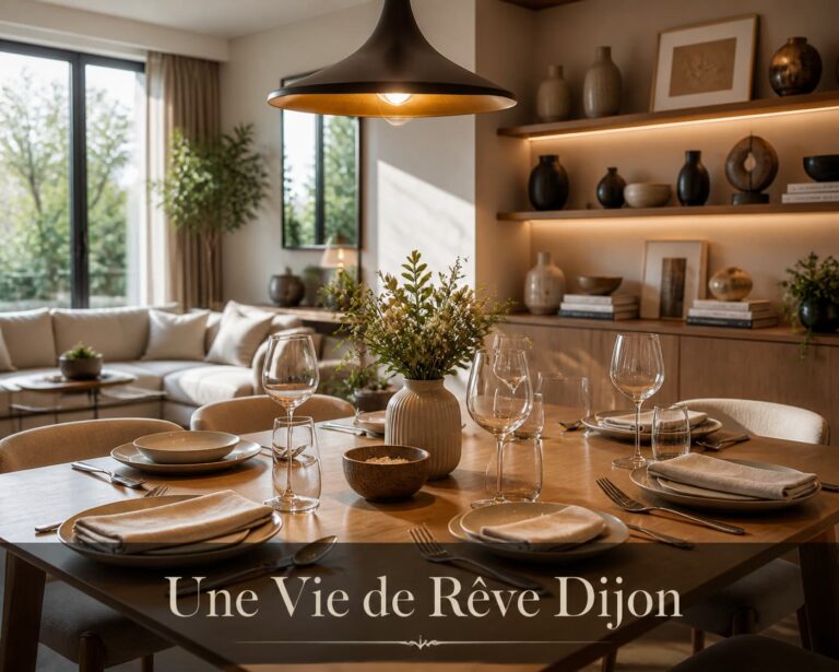 Intérieur design avec une table dressée, un luminaire suspendu, un canapé moderne et des étagères décorées d'objets.