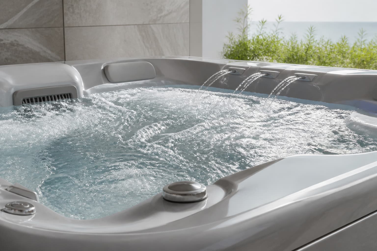 Gros plan sur un bain à remous moderne aux contours en céramique grise, avec des jets d