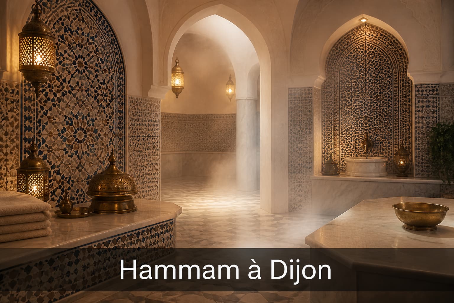 Hammam traditionnel avec carrelage, vapeur légère et éléments orientaux, et le texte