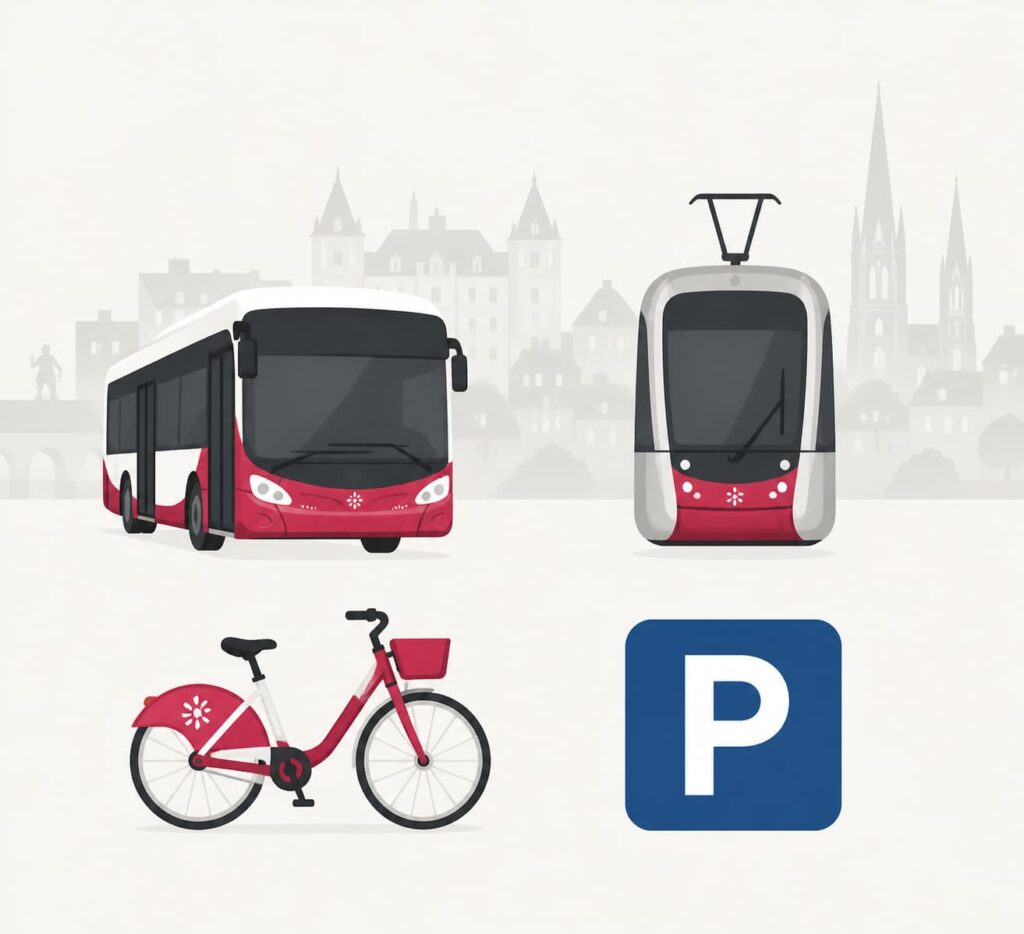 Quatre icônes épurées de bus, tramway, vélo et stationnement, avec une silhouette discrète de la ville de Dijon en arrière-plan.
