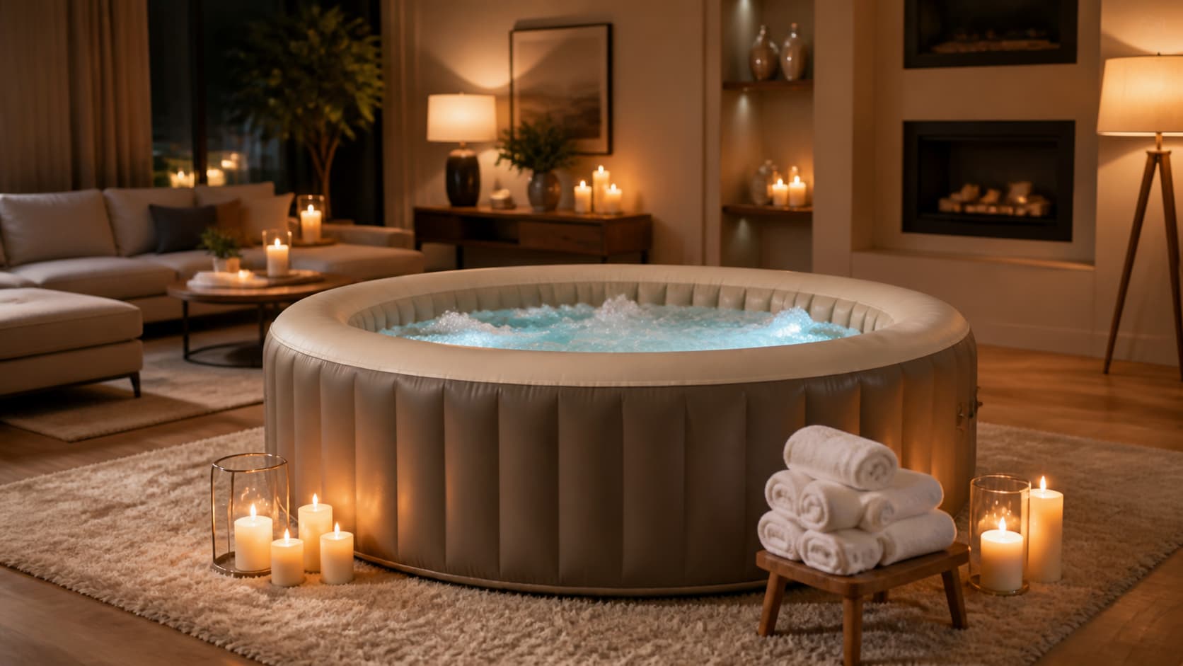 Un jacuzzi gonflable installé dans un salon spacieux, avec des bougies allumées et des serviettes, dégageant une ambiance cosy pour une soirée détente.