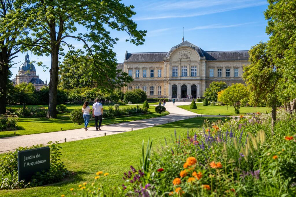 Vue du jardin de l'Arquebuse avec le Muséum d'Histoire Naturelle en arrière-plan, sous un ciel ensoleillé.
