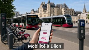 Smartphone affichant une interface de recherche d'itinéraire Divia, avec à l'arrière-plan un bus et un tramway, la silhouette du Palais des Ducs, une station DiviaVélo et une borne de stationnement, texte 'Mobilité à Dijon' incrusté.