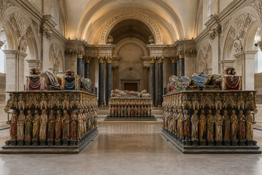 Grande salle du musée des Beaux-Arts de Dijon exposant les tombeaux sculptés des ducs de Bourgogne sous un éclairage élégant.
