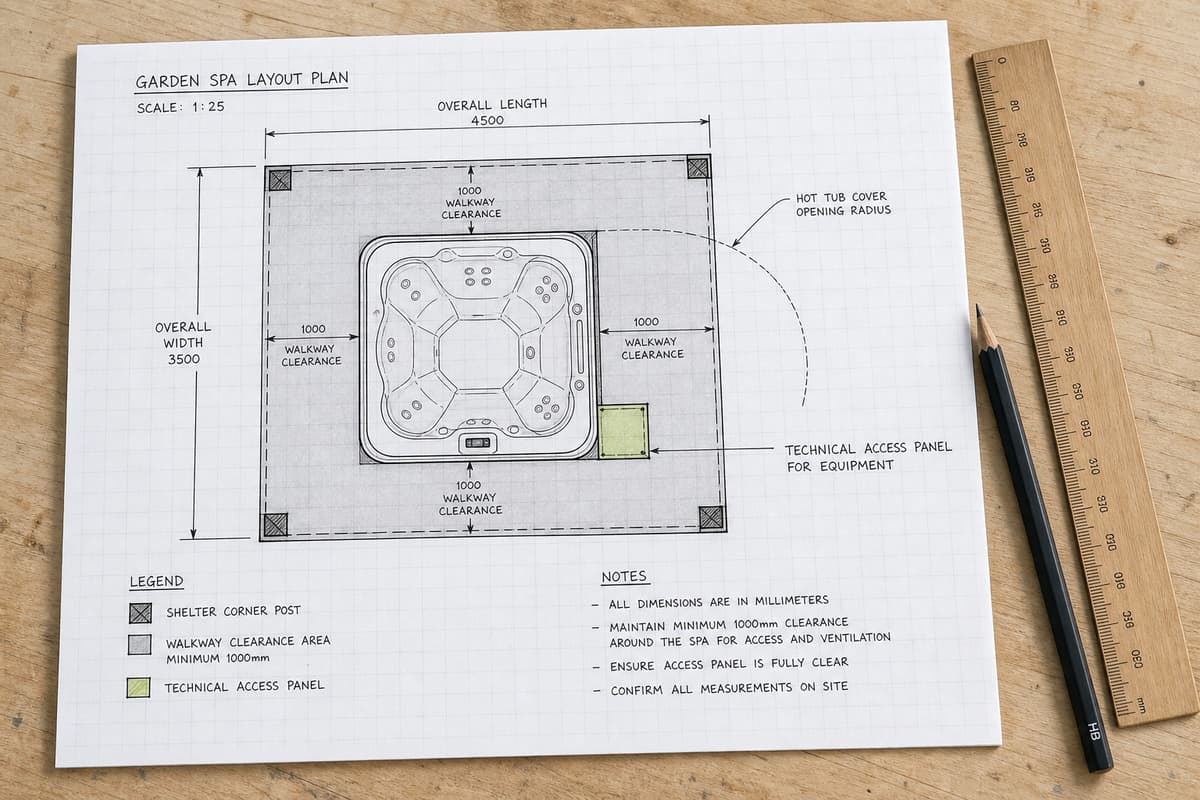 Plan dessiné sur papier quadrillé montrant l'implantation d'un spa avec ses zones de dégagement, l'accès technique et l'emplacement des poteaux d'abri.