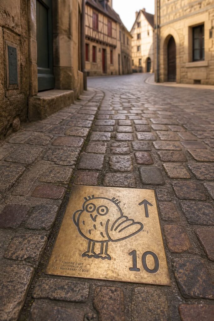 Plaque au sol représentant une chouette, marquant le parcours touristique dans une rue pavée du centre historique de Dijon.
