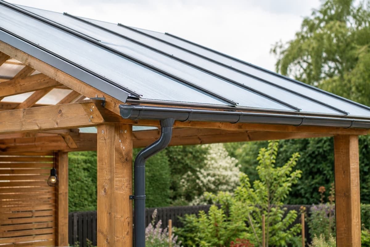 Toiture en plaques de polycarbonate translucides posée sur une ossature en bois avec pente visible et gouttière d'évacuation.