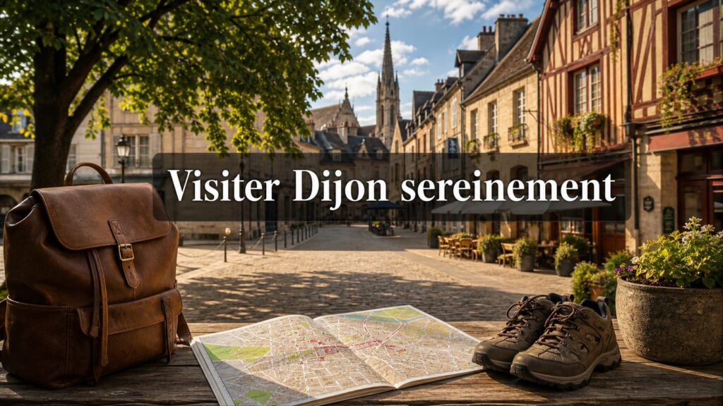 Rue pavée du centre historique de Dijon avec des maisons à colombages, une carte de la ville, un sac à dos et des chaussures de marche posés sur une table en bois, sous un éclairage naturel doux.