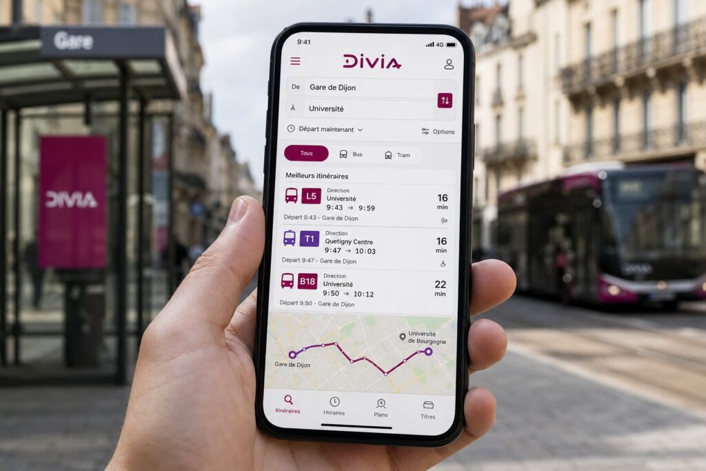 Une main tient un smartphone affichant l'interface de recherche d'itinéraire de l'application Divia, avec un arrêt de bus en arrière-plan flouté.