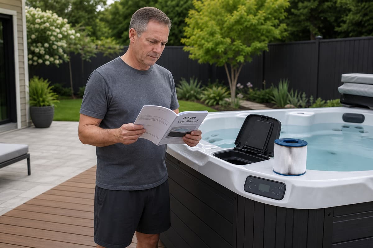 Personne consultant une notice ouverte près d'un spa au panneau de commande en veille, avec un filtre propre posé sur le rebord et un sol sec.
