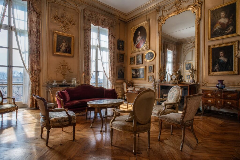 Salon d’un hôtel particulier devenu musée, avec des meubles anciens et des tableaux aux murs, baigné d’une lumière douce.