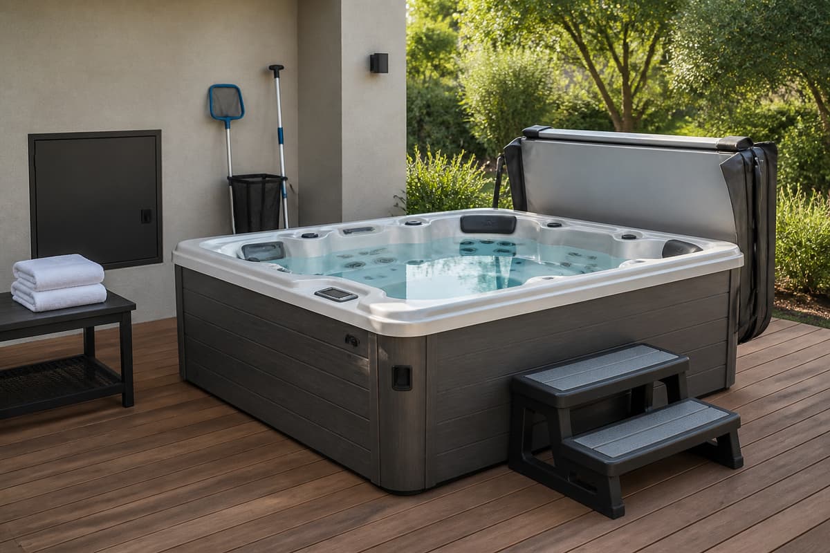 Spa extérieur propre avec eau limpide, marches d'accès sécurisées, couverture isolante pliée et serviettes blanches empilées sur une terrasse en bois.