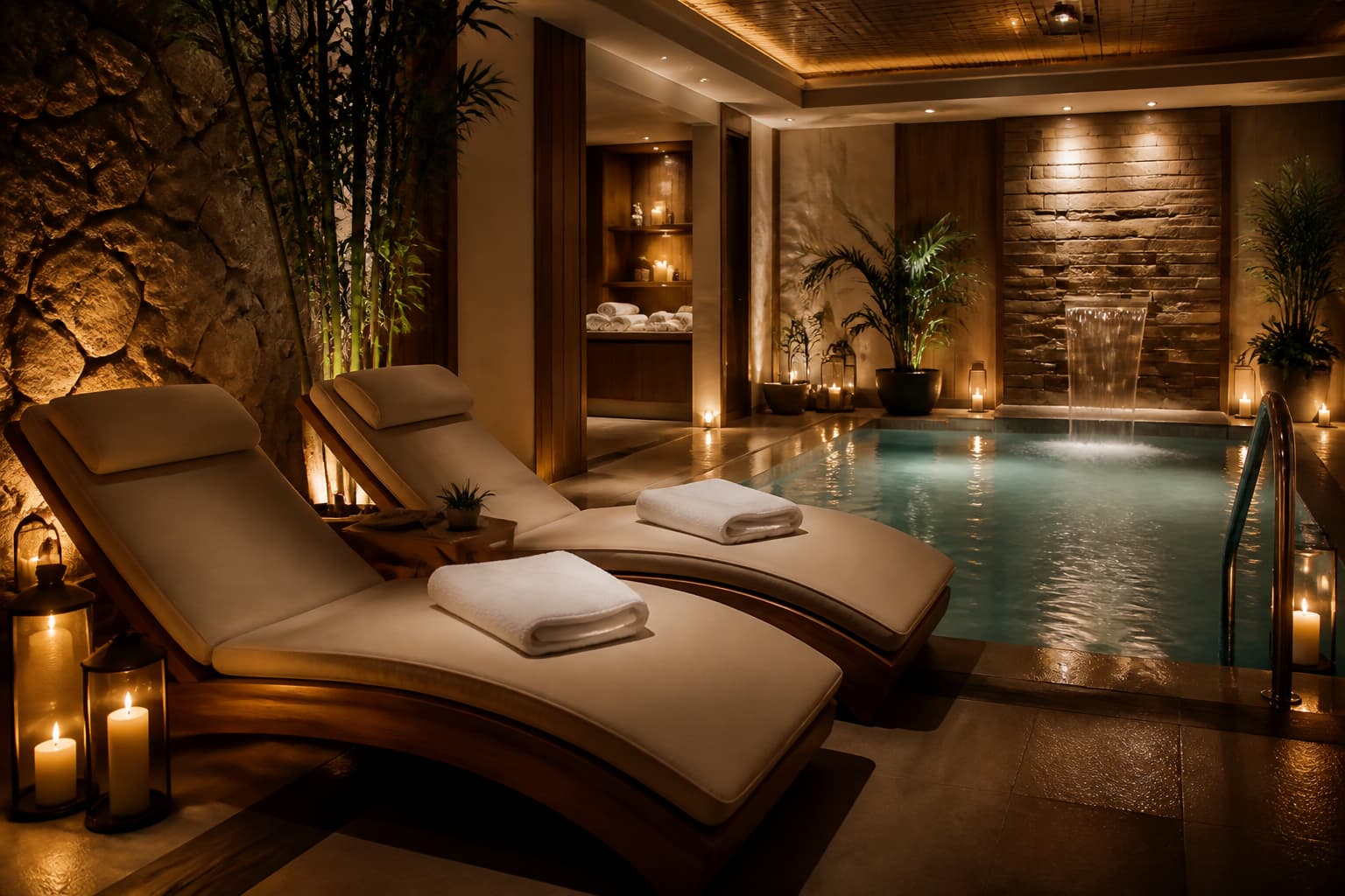 Deux fauteuils de spa côte à côte face à un bassin intérieur, avec serviettes blanches pliées, éclairage tamisé et décor paisible.