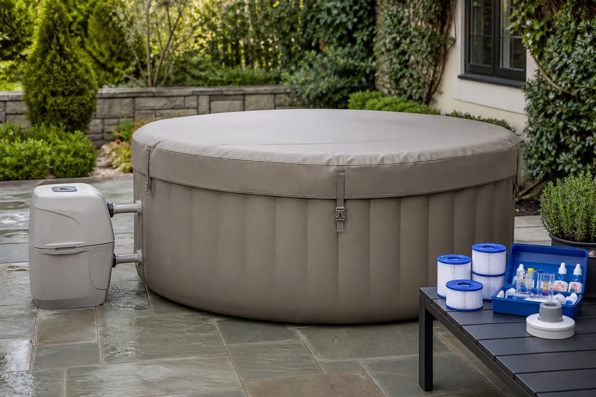 Installation d'un spa gonflable avec son unité de filtration et sa bâche de protection sur une terrasse